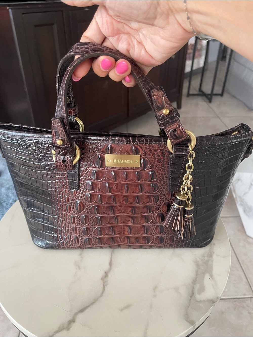 Brahmin Pecan Croc Embossed Leather Anywhere Conversion Med Tote Bag Retail $325